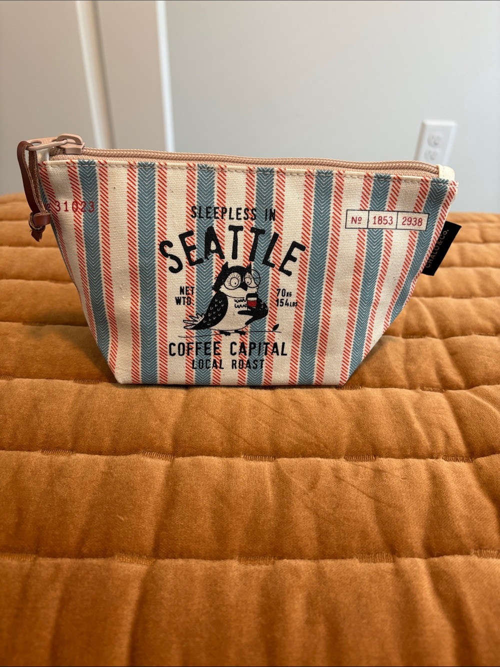 Chalo & Co Striped Canvas Cosmetic Pouch with Leather Trim zipper pull